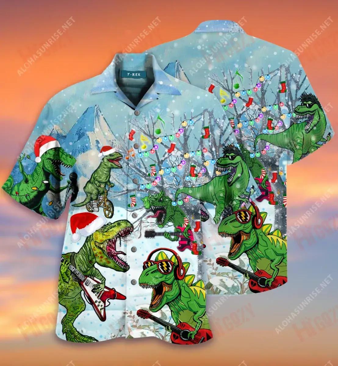 Dinosaurs Play Guitar Party Music In Christmas Holiday Short Hawaiian Shirt Vacation Hawaiian T Shirts Vintage Hawaiian Shirts Funny Hawaiian Shirts, Hawaiian Shirt Gift, Christmas Gift
