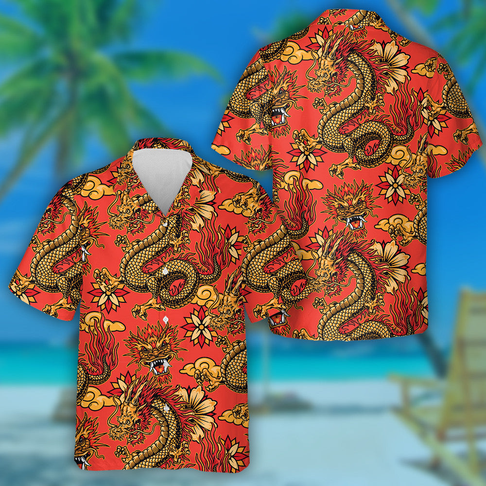 Fantasy Dragons Bláthanna Maisiúla Agus Scamaill Ar Léine Dearg Haváís, Bronntanas Léine Haváís, Bronntanas Nollag