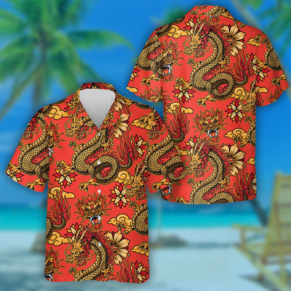 Fantasy Dragons Bláthanna Maisiúla Agus Scamaill Ar Léine Dearg Haváís, Bronntanas Léine Haváís, Bronntanas Nollag