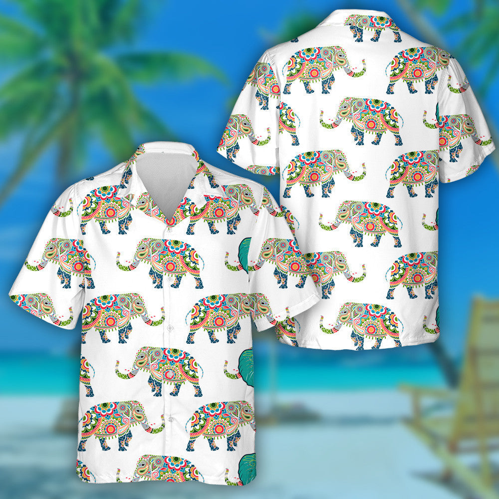 Colorful Elephant Decorated Mandala On White Background Hawaiian Shirt, Hawaiian Shirt Gift, Christmas Gift
