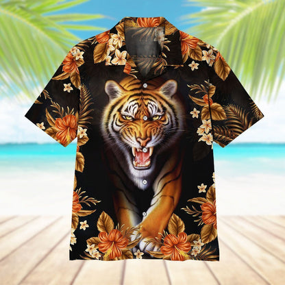 Orange Tiger Angry On Dark Pattern Hawaiian Shirt,Hawaiian Shirt Gift, Christmas Gift