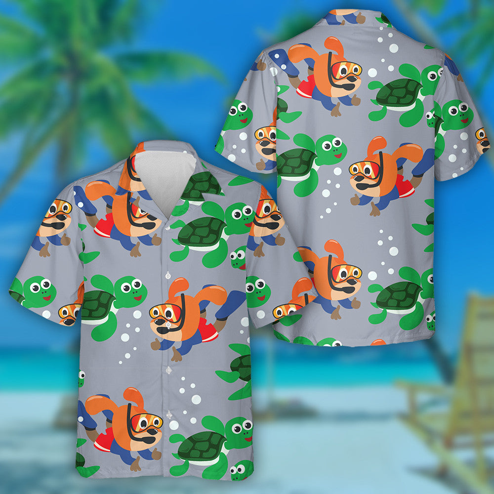 Tá Turtar Beag Agus Madra Beag ag Snámh I Léine Haváís Faoi Uisce, Bronntanas Léine Haváíais, Bronntanas Nollag