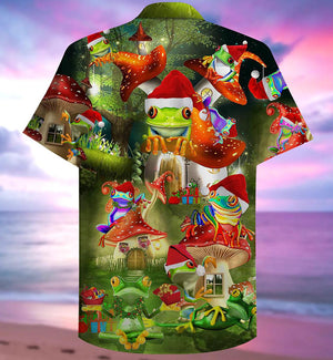 Funny Frog With Mushrooms Cartoon Pattern Merry Christmas Hawaiian Shirt, Hawaiian Shirt Gift, Christmas Gift