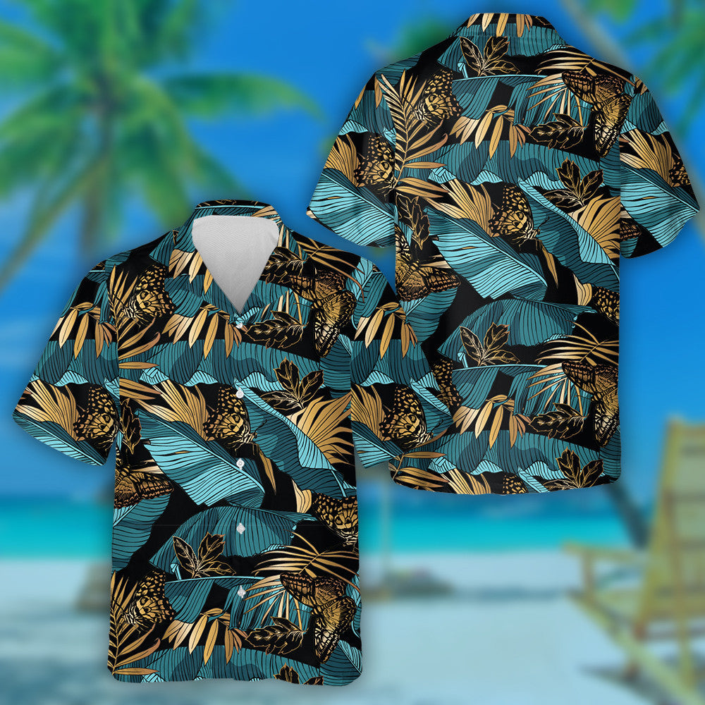 Theme Green Tropical Banana Leaves And Butterfly Hawaiian Shirt, Hawaiian Shirt Gift, Christmas Gift