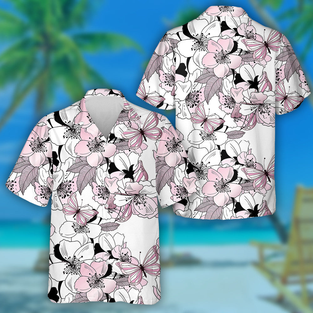 Hand Drawn Flowers Of Cherry And Butterflies Hawaiian Shirt, Hawaiian Shirt Gift, Christmas Gift