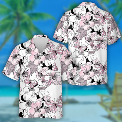 Hand Drawn Flowers Of Cherry And Butterflies Hawaiian Shirt, Hawaiian Shirt Gift, Christmas Gift