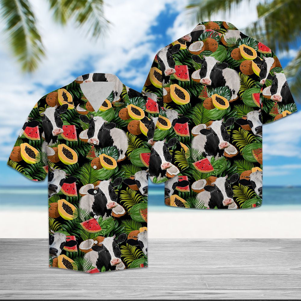 Farm Cow With Papaya And Watermelon Slices Hawaiian Shirt, Hawaiian Shirt Gift, Christmas Gift