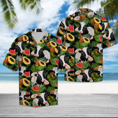 Farm Cow With Papaya And Watermelon Slices Hawaiian Shirt, Hawaiian Shirt Gift, Christmas Gift