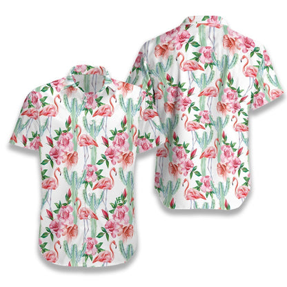Tropical Flamingo Faint Cactus Pattern Hawaiian Shirt,Hawaiian Shirt Gift, Christmas Gift