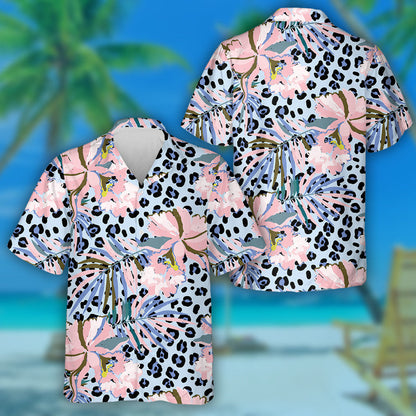 Magairlín Bándearg le Duilleoga Pailme ar Chúlra Liopard Léine Haváís, Bronntanas Léine Haváís, Bronntanas Nollag