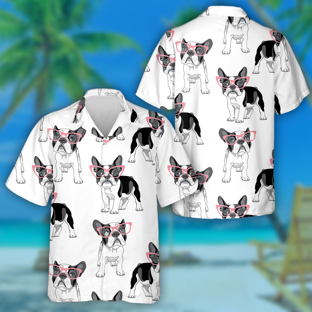 Black And White Bulldog With Pink Sunglasses Hawaiian Shirt, Hawaiian Shirt Gift, Christmas Gift