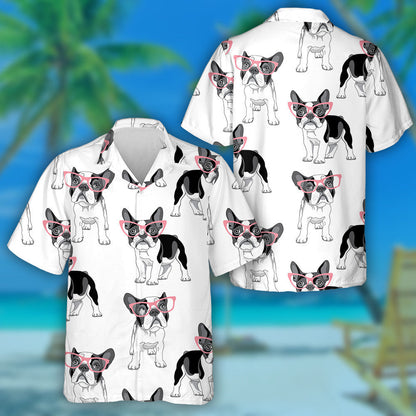 Black And White Bulldog With Pink Sunglasses Hawaiian Shirt, Hawaiian Shirt Gift, Christmas Gift