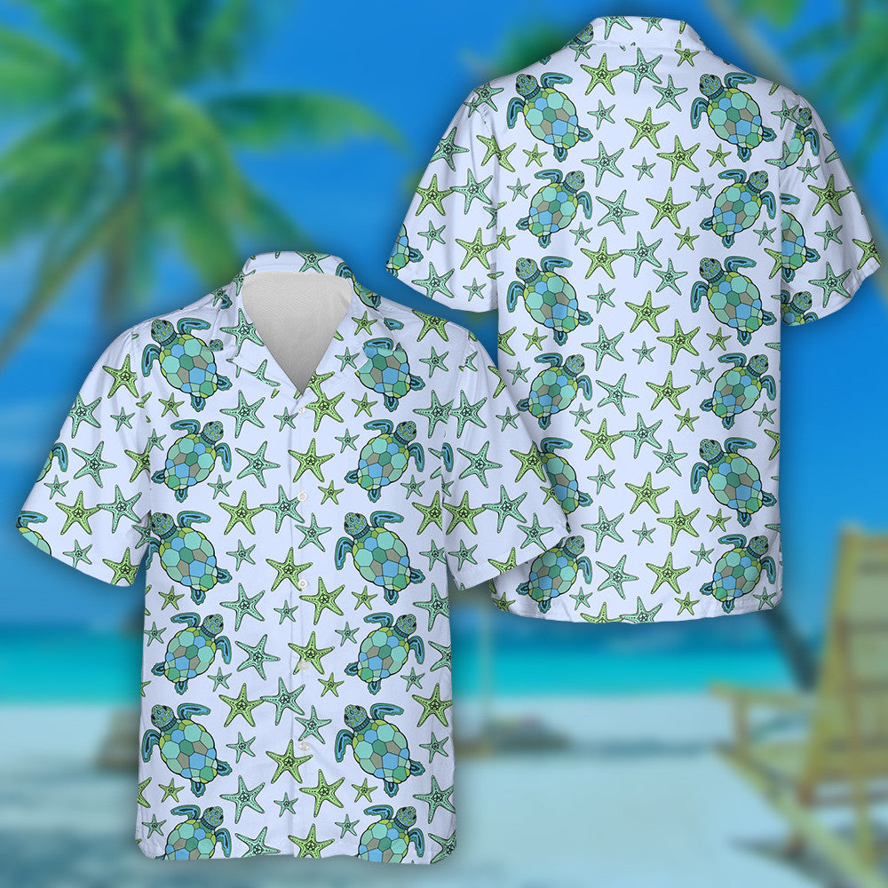 Blue Sea Turtle And Green Starfish Hawaiian Shirt, Hawaiian For Gift