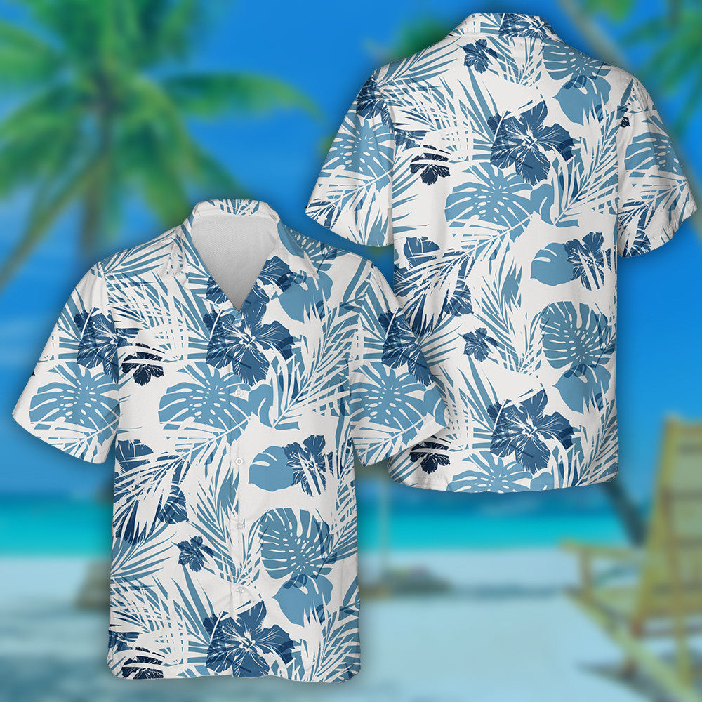 Hawaiian Tropical Palm Leaves Hibicus Camo In Blue Pattern Hawaiian Shirt, Hawaiian For Gift