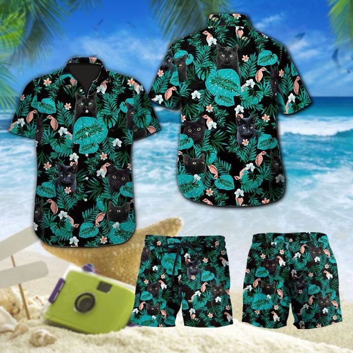 Black Cat Tropical Hawaiian Shirt,Hawaiian Shirt Gift, Christmas Gift