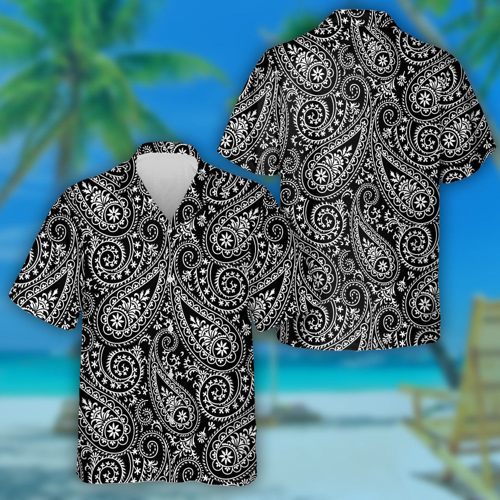 Cúlra Dubh le Patrún Paisley Galánta Lámh Tarraingthe Léine Haváís, Bronntanas Léine Haváís, Bronntanas Nollag