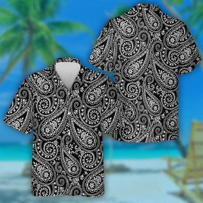 Cúlra Dubh le Patrún Paisley Galánta Lámh Tarraingthe Léine Haváís, Bronntanas Léine Haváís, Bronntanas Nollag