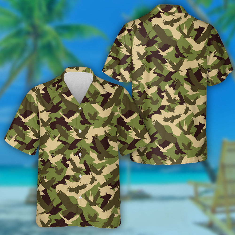 Military Green Camouflage With Eagles Pattern Hawaiian Shirt,Hawaiian Shirt Gift, Christmas Gift