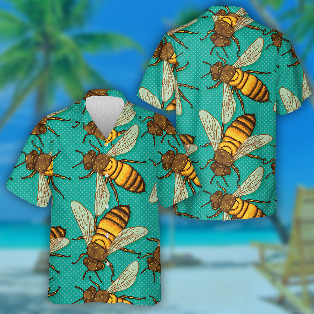 Natural Summer Honey Bees In Green Honeycomb Hawaiian Shirt, Hawaiian Shirt Gift, Christmas Gift