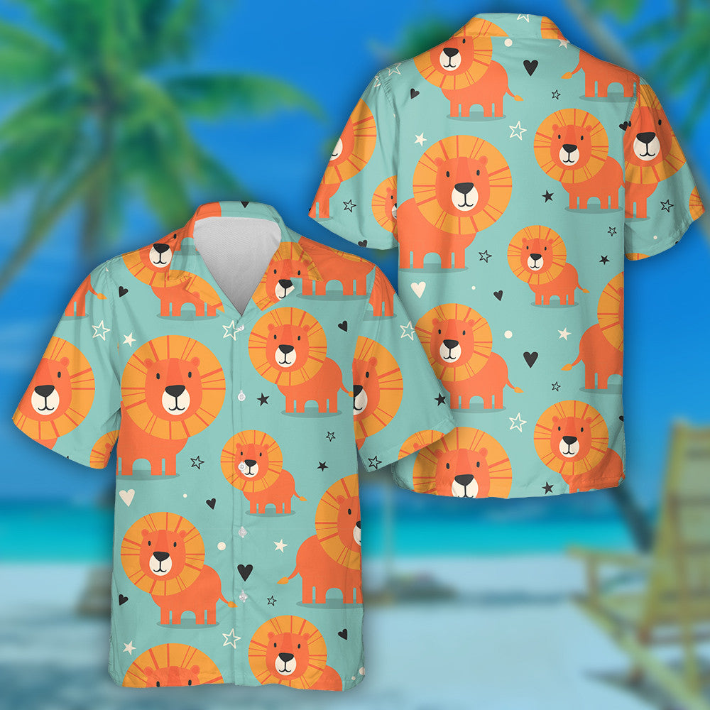 Orange Lions With Hearts And Stars Hawaiian Shirt,Hawaiian Shirt Gift, Christmas Gift