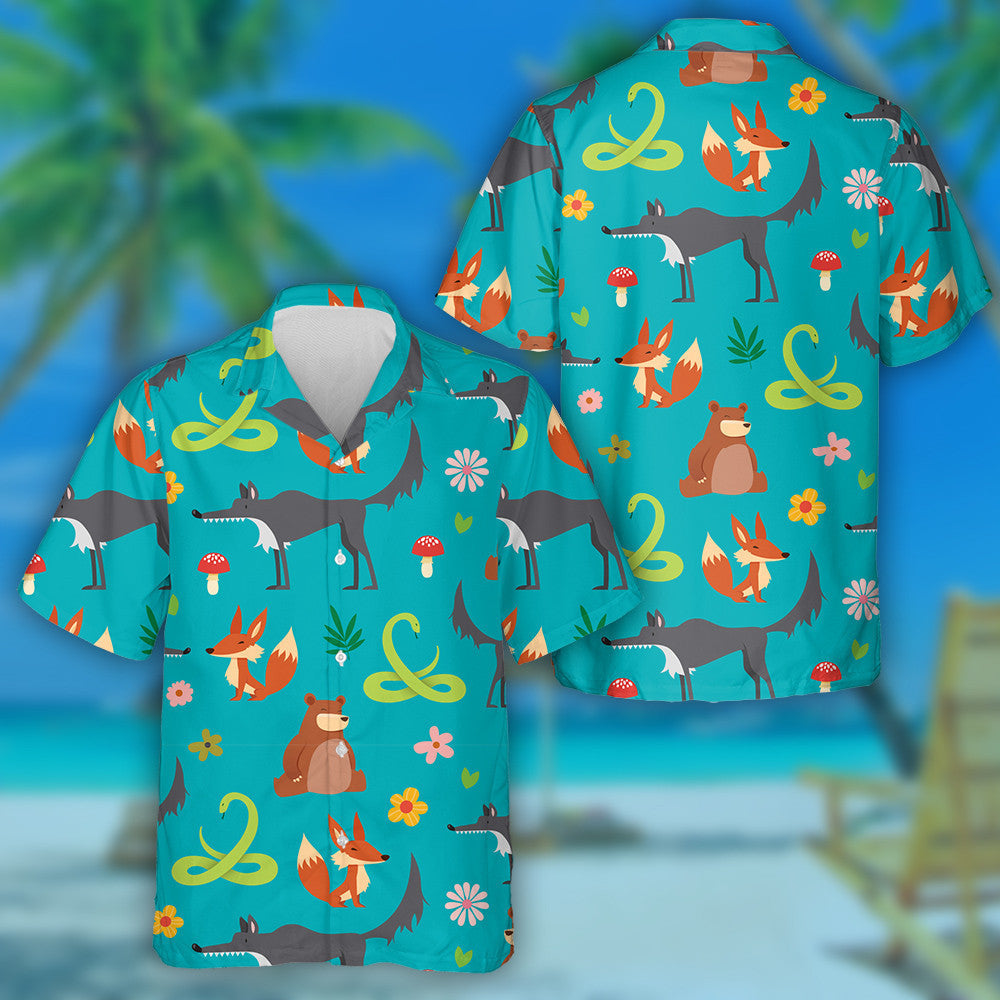 Really Cute Cartoon Wild Animals And Wolf Hawaiian Shirt, Hawaiian Shirt Gift, Christmas Gift