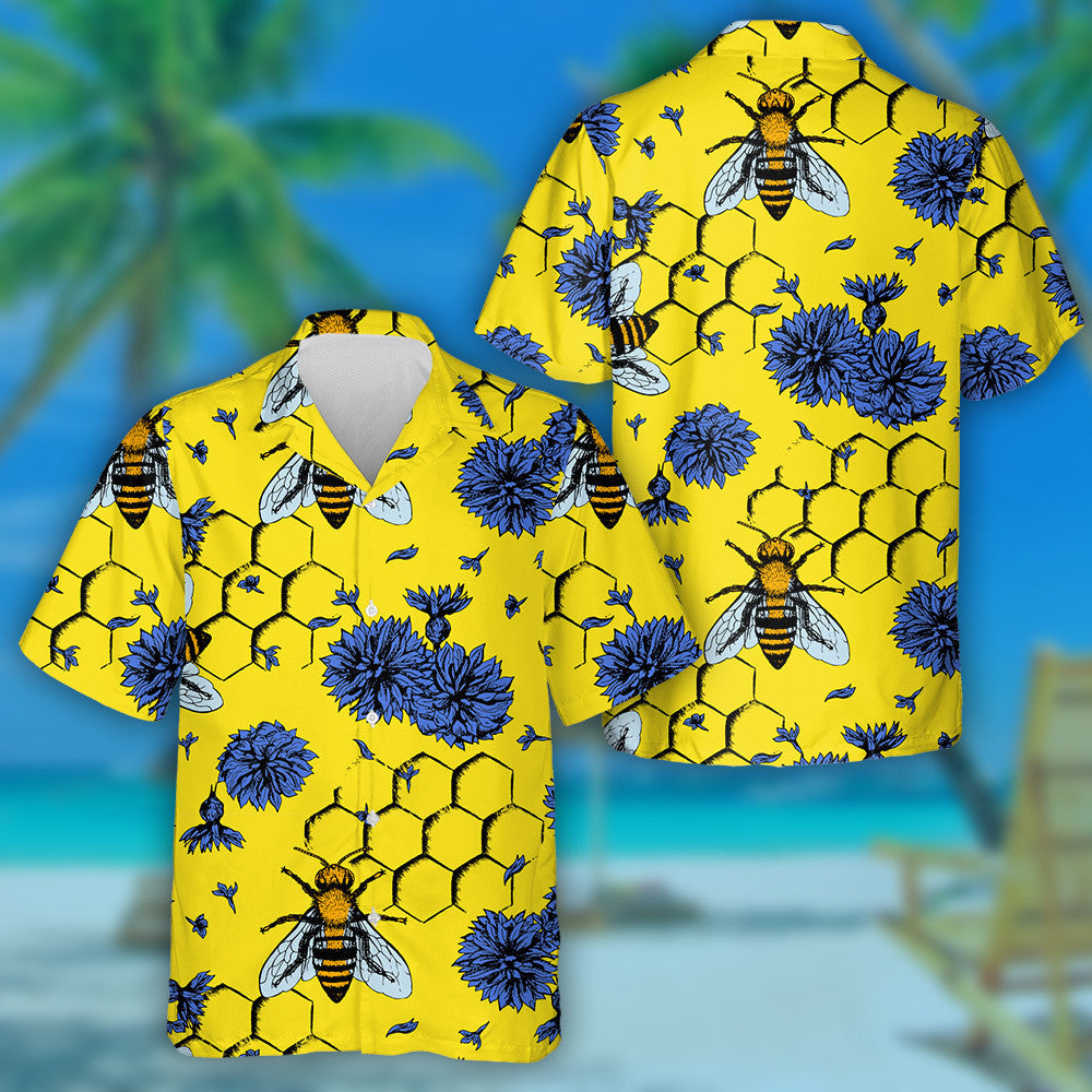 Natural Summer Bees And Blue Flowers Hawaiian Shirt,Hawaiian Shirt Gift, Christmas Gift