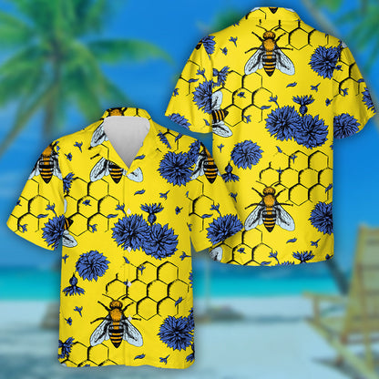 Natural Summer Bees And Blue Flowers Hawaiian Shirt,Hawaiian Shirt Gift, Christmas Gift