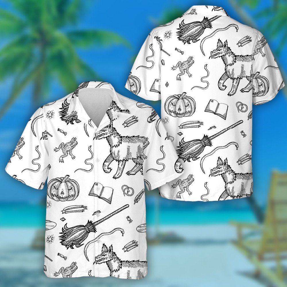 Ink Line Illustration For Halloween With Wolf Hawaiian Shirt, Hawaiian Shirt Gift, Christmas Gift