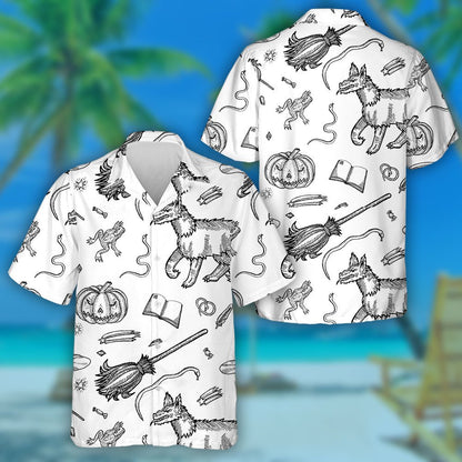 Ink Line Illustration For Halloween With Wolf Hawaiian Shirt, Hawaiian Shirt Gift, Christmas Gift