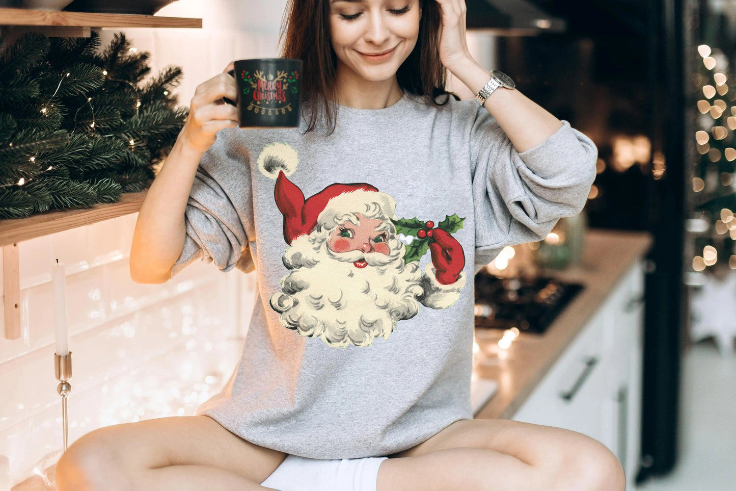 Vintage Santa Holly Christmas Sweatshirt, Vintage Sweatshirt Christmas, Christmas Shirt,Christmas sweatshirt,Christmas Gift