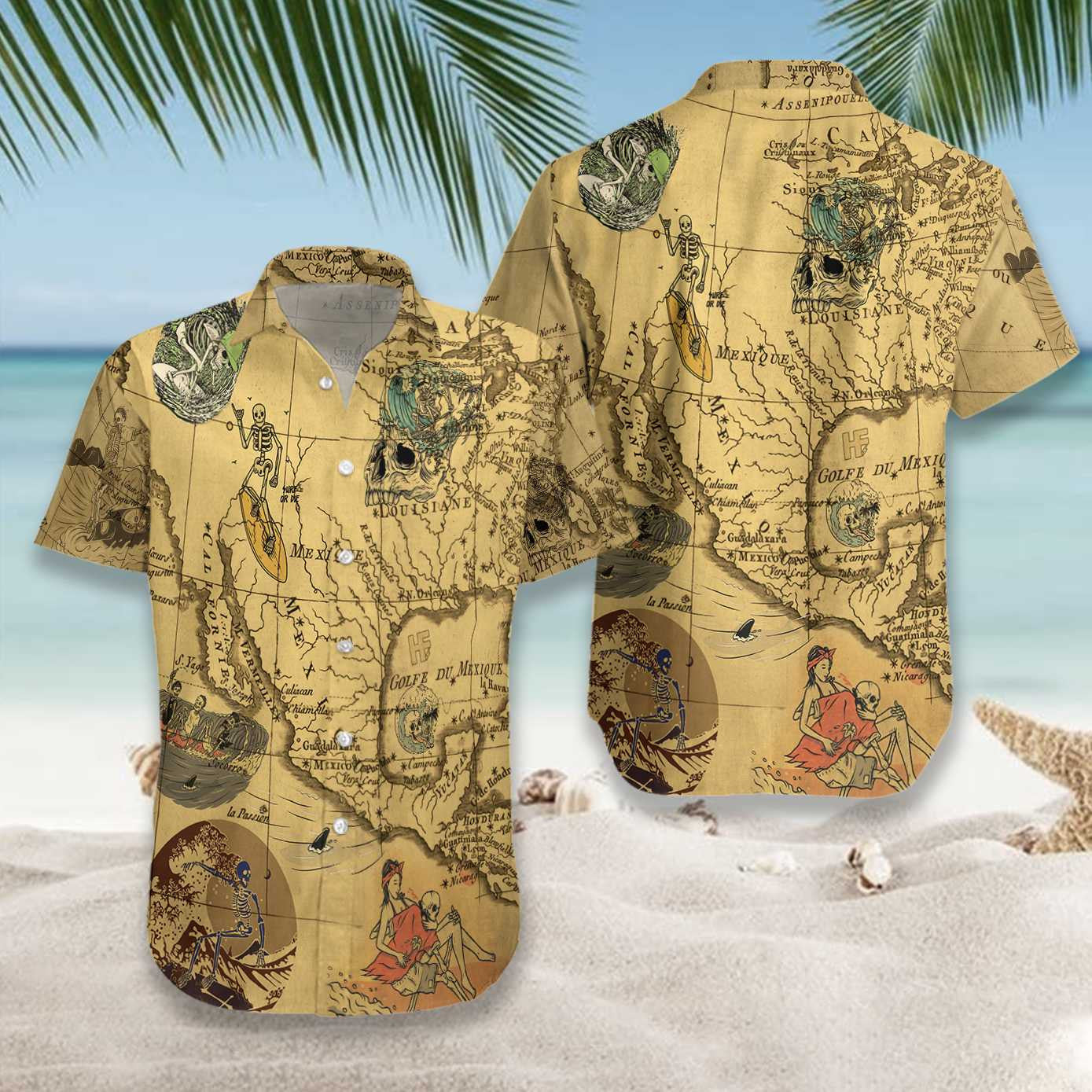 Skeleton Surfing Beautiful Vintage Style Hawaiian Shirt,Hawaiian Shirt Gift, Christmas Gift