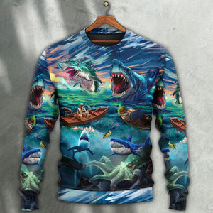 Fishing Shark Crazy Art Style Ugly Christmas Sweater, Christmas Gift, Gift Christmas 2024