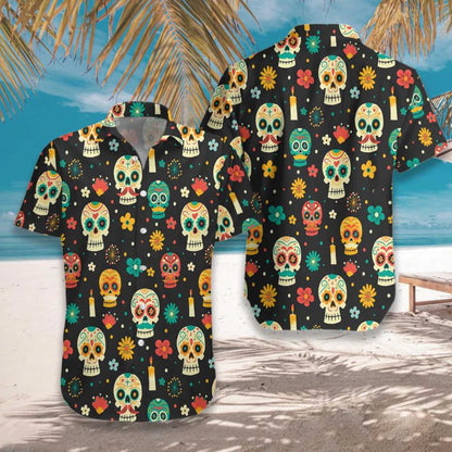 Skull Day Of The Dead Pattern Flower Hawaiian Shirt, Hawaiian Shirt Gift, Christmas Gift