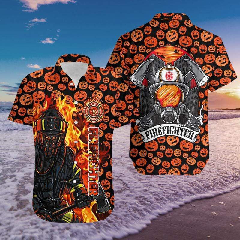 Firefighter And Pumpkin Halloween Ornamental Hawaiian Shirt,Hawaiian Shirt Gift, Christmas Gift