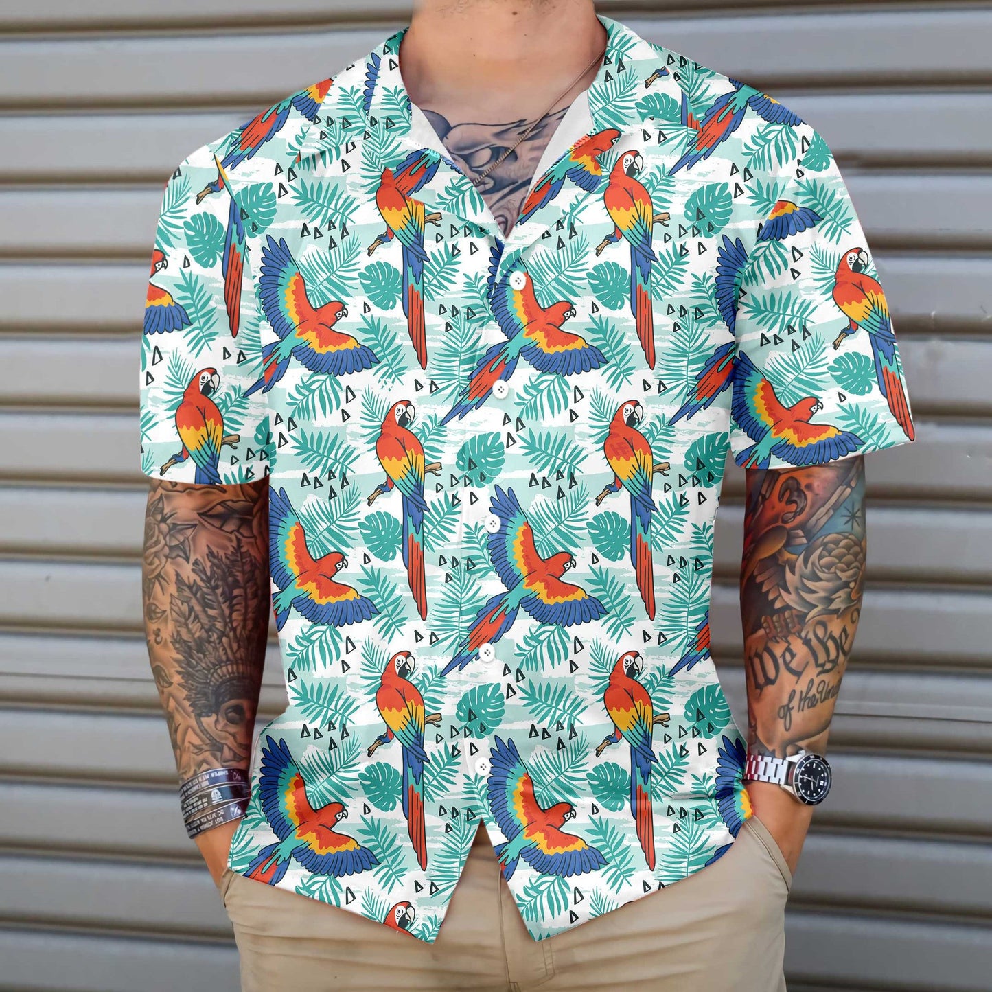 Watercolor Parrot And Palm Leaves Design Hawaiian Shirt, Hwaiian For Gift