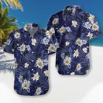 Cat Dubh Le Patrún Bán Bláthanna Dearadh Gorm Léine Haváís, Bronntanas Léine Haváís, Bronntanas Nollag