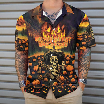 The Burning Pumpkin Sky And Skeleton Halloween Design Hawaiian Shirt, Hawaiian Shirt Gift, Christmas Gift