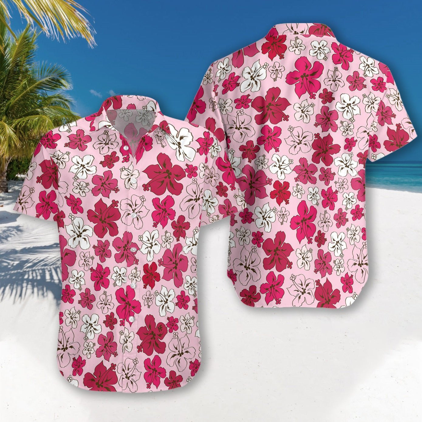 Red Flower On Pink Background Design Hawaiian Shirt,Hawaiian Shirt Gift, Christmas Gift