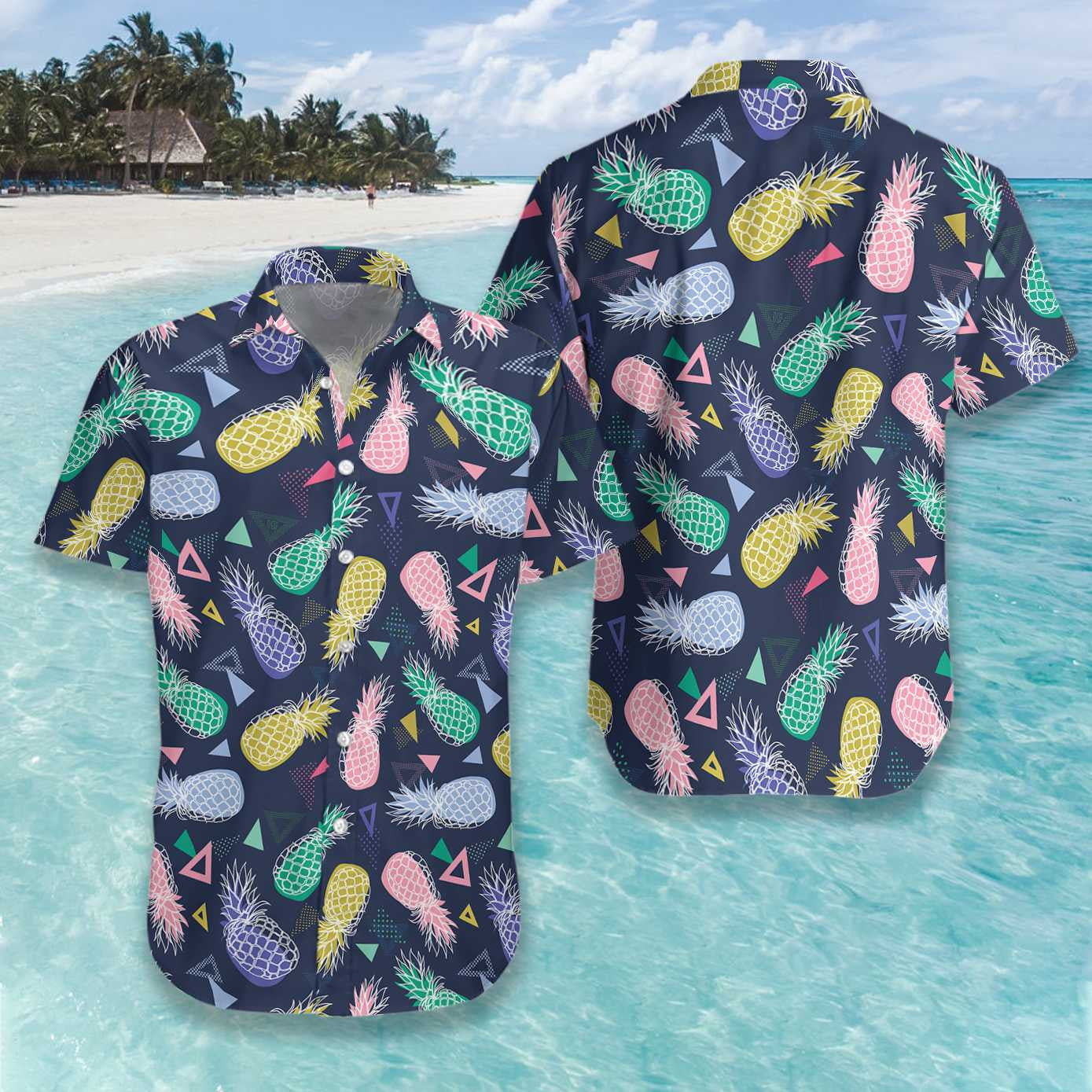 Colorful Pineapple Fruits In Memphis Style Design Hawaiian Shirt, Hawaiian Shirt Gift, Christmas Gift