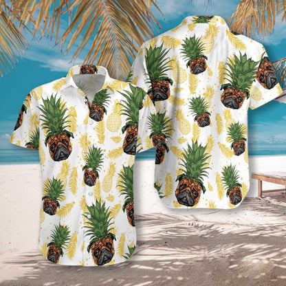 Pug Pineapple Head Dearadh Greannmhar Cúlra Bán Léine Haváís, Bronntanas Léine Haváís, Bronntanas Nollag