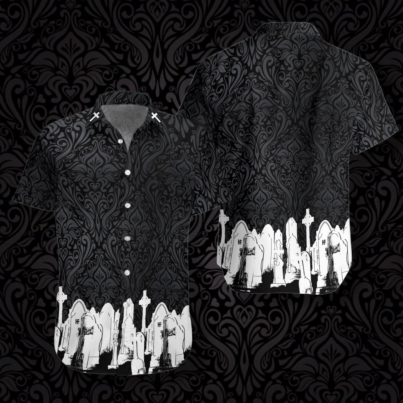 Graveyard Skull Goth Black Background Hawaiian Shirt,Hawaiian Shirt Gift, Christmas Gift