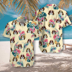 Beagles And Tropical Flowers Light Yellow Background Hawaiian Shirt, Hawaiian Shirt Gift, Christmas Gift