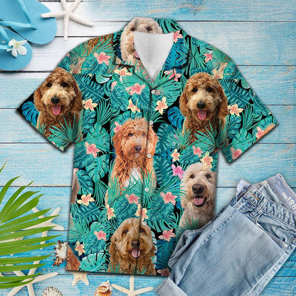 Lovely Goldendoodle In Tropical Leaves Jungle Pattern Hawaiian Shirt, Hawaiian Shirt Gift, Christmas Gift