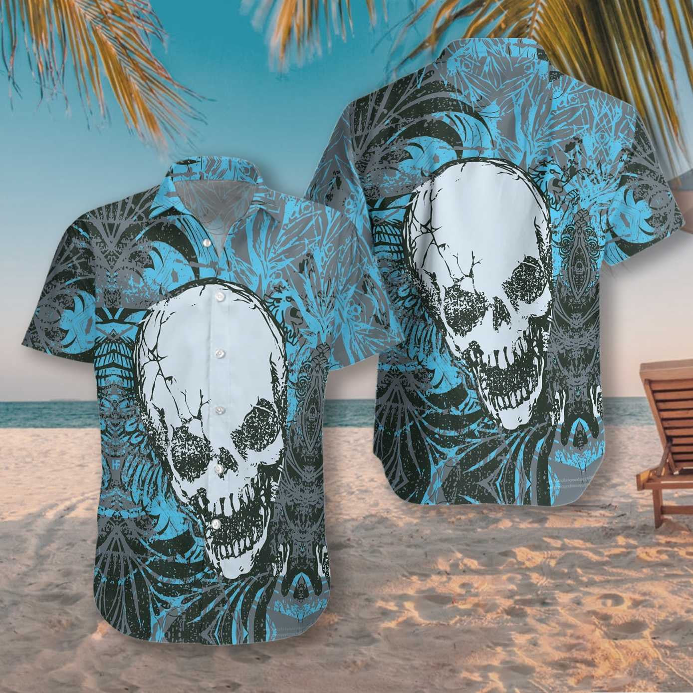 Retro Skull Pattern Blue Leave Design Hawaiian Shirt,Hawaiian Shirt Gift, Christmas Gift