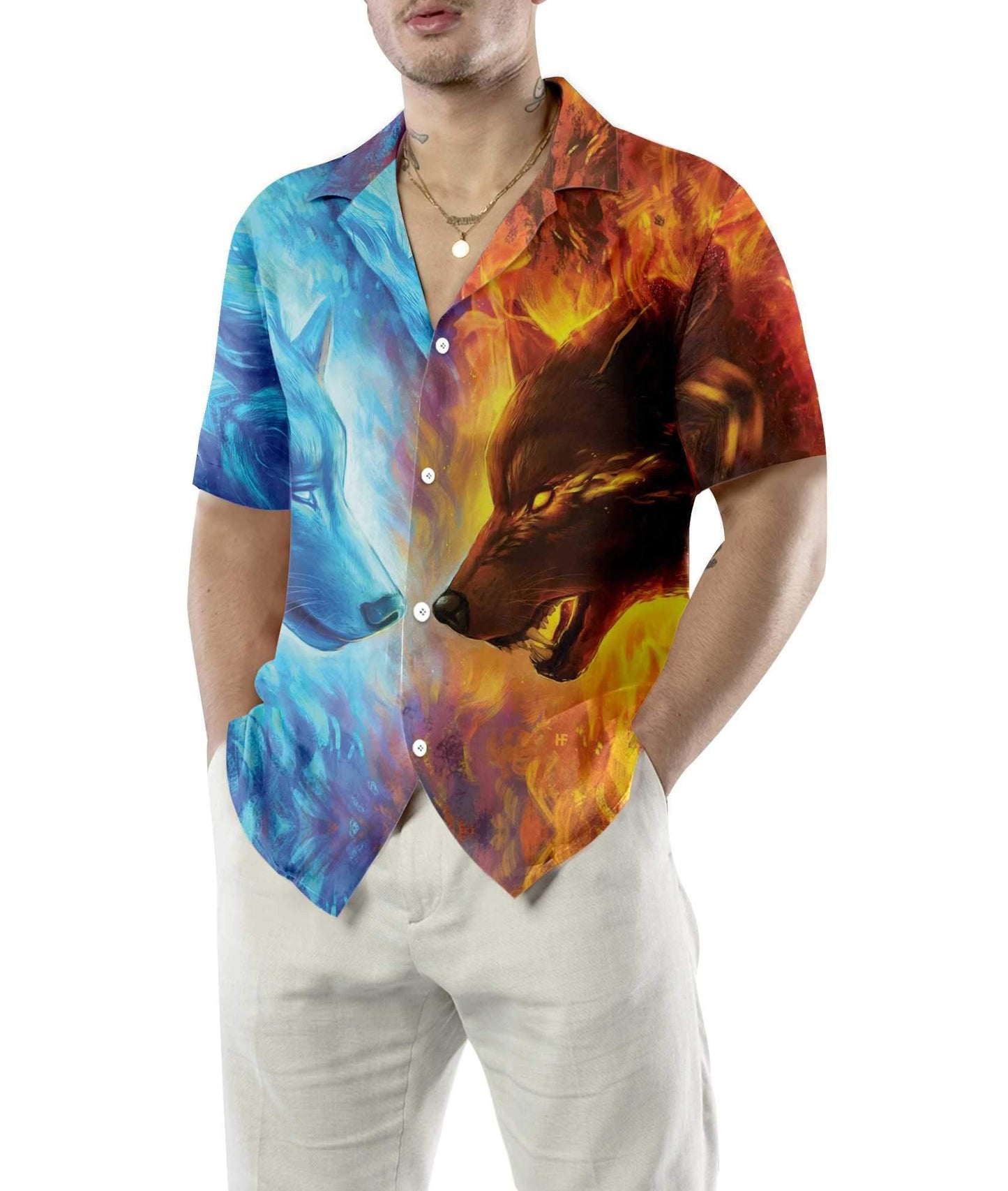 Legend Ice And Fire Wolf Hawaiian Shirt, Hawaiian Shirt Gift, Christmas Gift