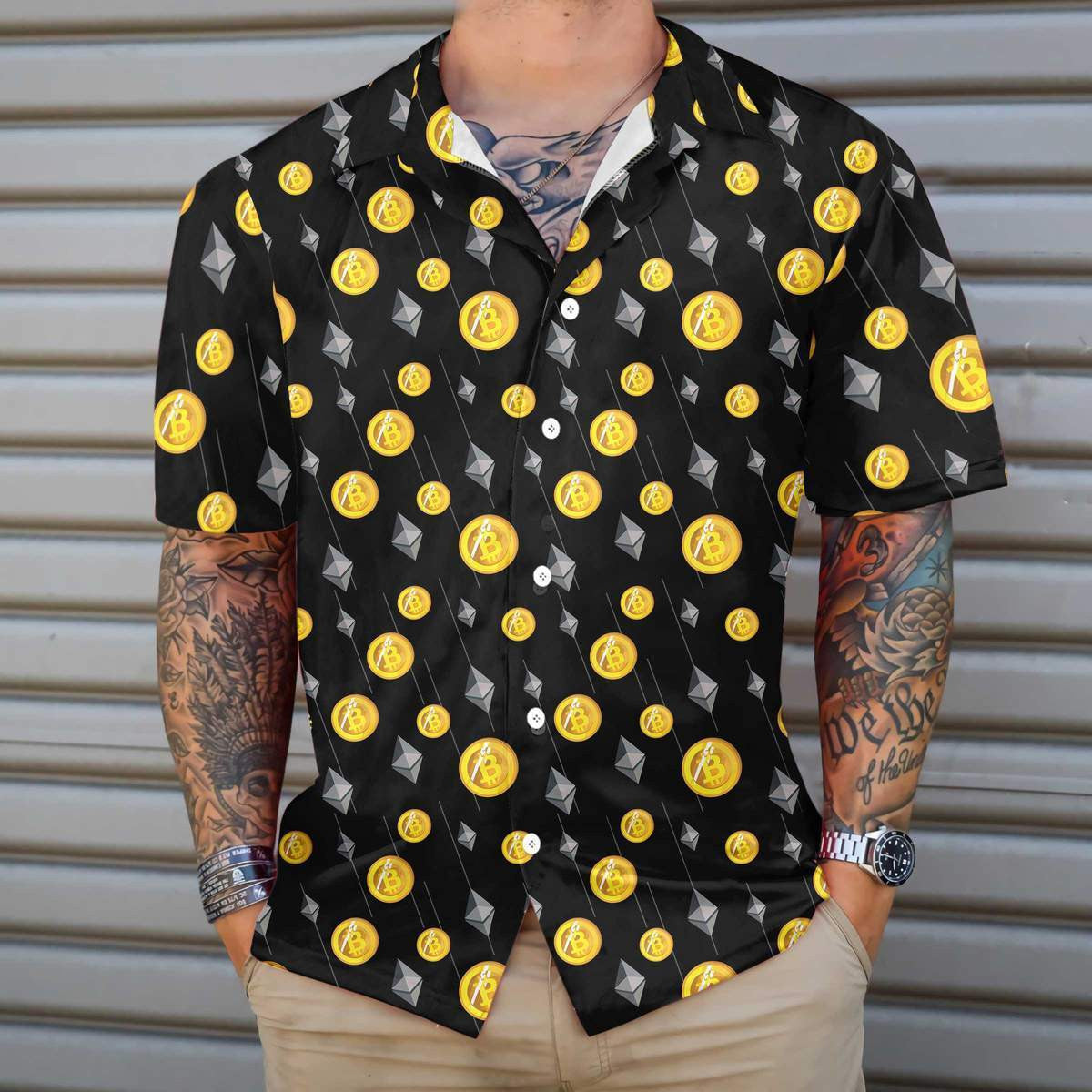 Cryptocurrency Bitcoin And Ethereum Pattern Hawaiian Shirt,Hawaiian Shirt Gift, Christmas Gift