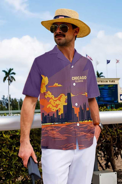 Chicago Illinois And Sunset On Water Pattern Hawaiian Shirt, Hawaiian Shirt Gift, Christmas Gift