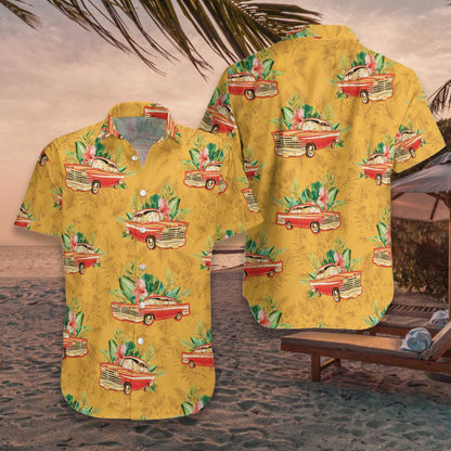 Classic Red Car Vintage Design Gold Theme Hawaiian Shirt, Hawaiian Shirt Gift, Christmas Gift