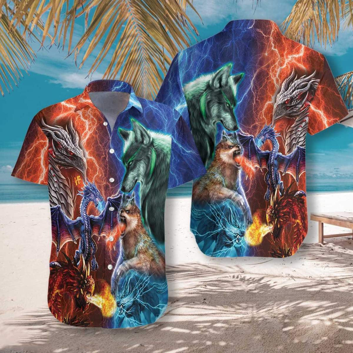 Red Dragon Vs Blue Wolves Pattern Hawaiian Shirt,Hawaiian Shirt Gift, Christmas Gift
