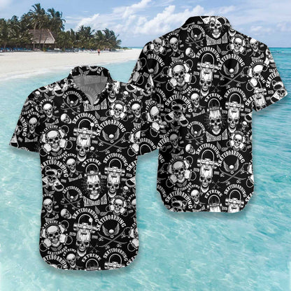Skateboard Emblems In Monochrome Style Design Hawaiian Shirt,Hawaiian Shirt Gift, Christmas Gift